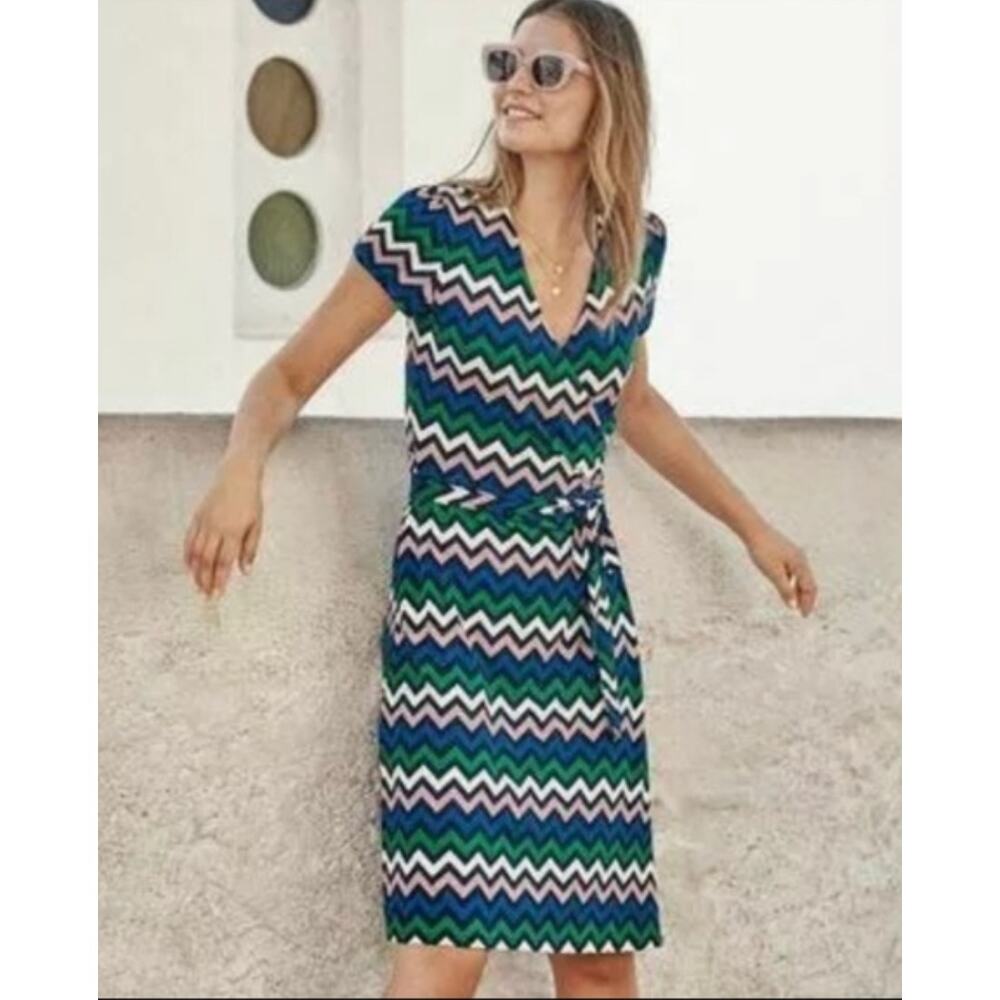 BODEN Women's Wrap Dress Size UK 8 US 4 Navy Blue Green Chevron Jersey Knee